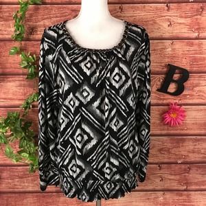 Style & Co Blouse Tunic Top Extra Large Black Gray Diamonds Metal Chains